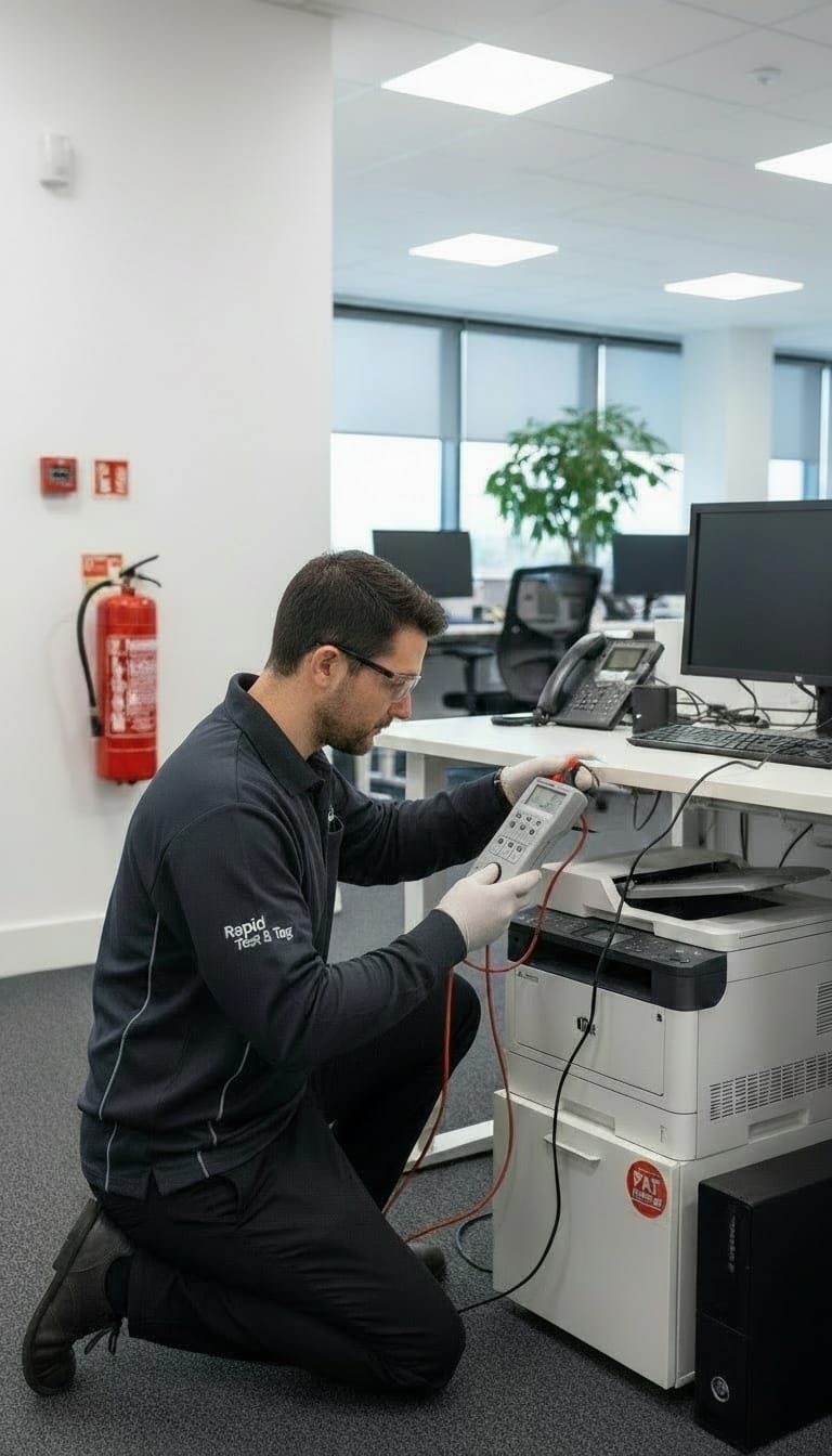 Rapid Test & Tag technician testing office equipment on-site, with a fire extinguisher visible on the wall